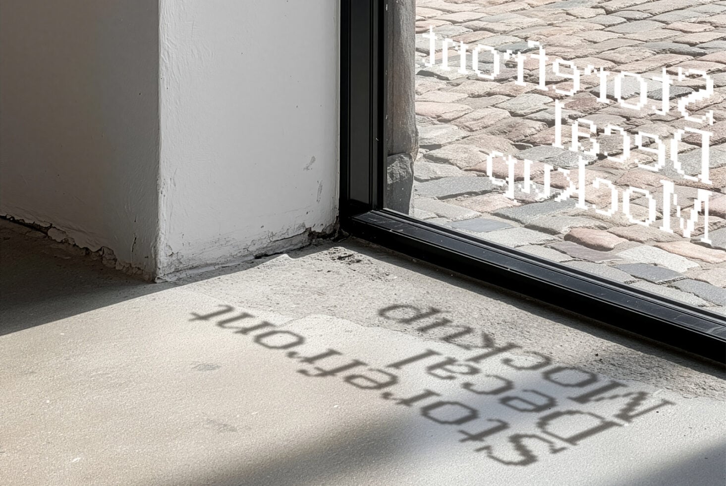 Window light casting shadow text onto concrete floor near black frame door