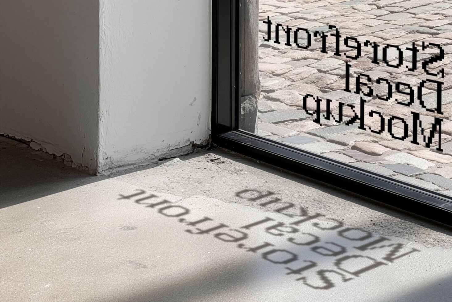 Shadow text overlay on concrete floor near doorway with brick wall