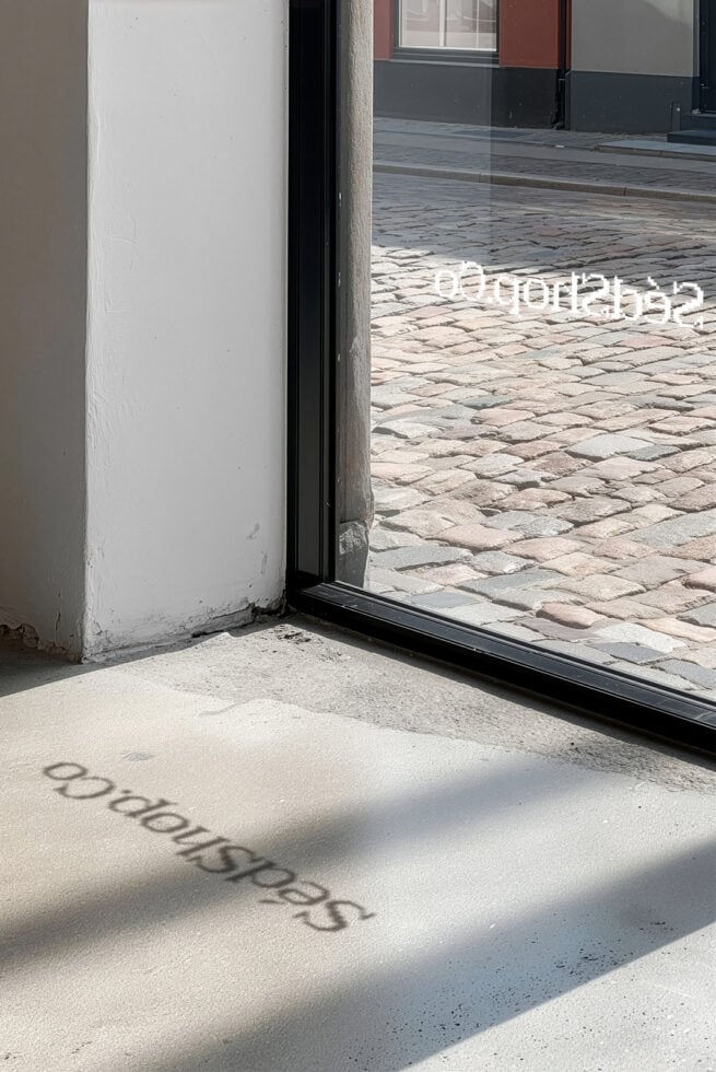Storefront window mockup with shadow text on concrete floor, black frame, cobblestone street visible outside