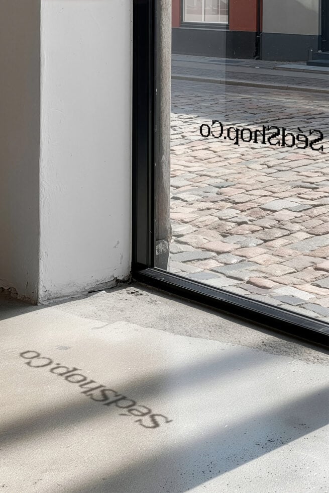 Storefront floor mockup showing mirrored text shadows on concrete inside shop entrance