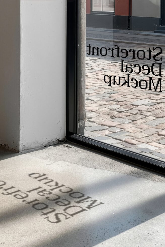 Storefront window mockup with reversed text casting shadows on pavement below