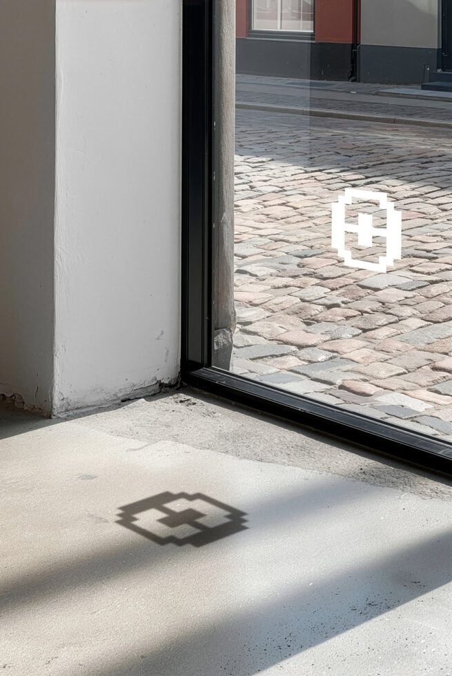 Storefront window mockup with white logo on pavement, shadow overlay, urban setting