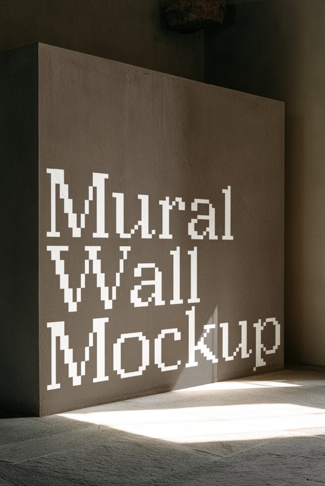 Concrete wall mockup with pixelated white text in minimalist industrial space with dramatic sunlight