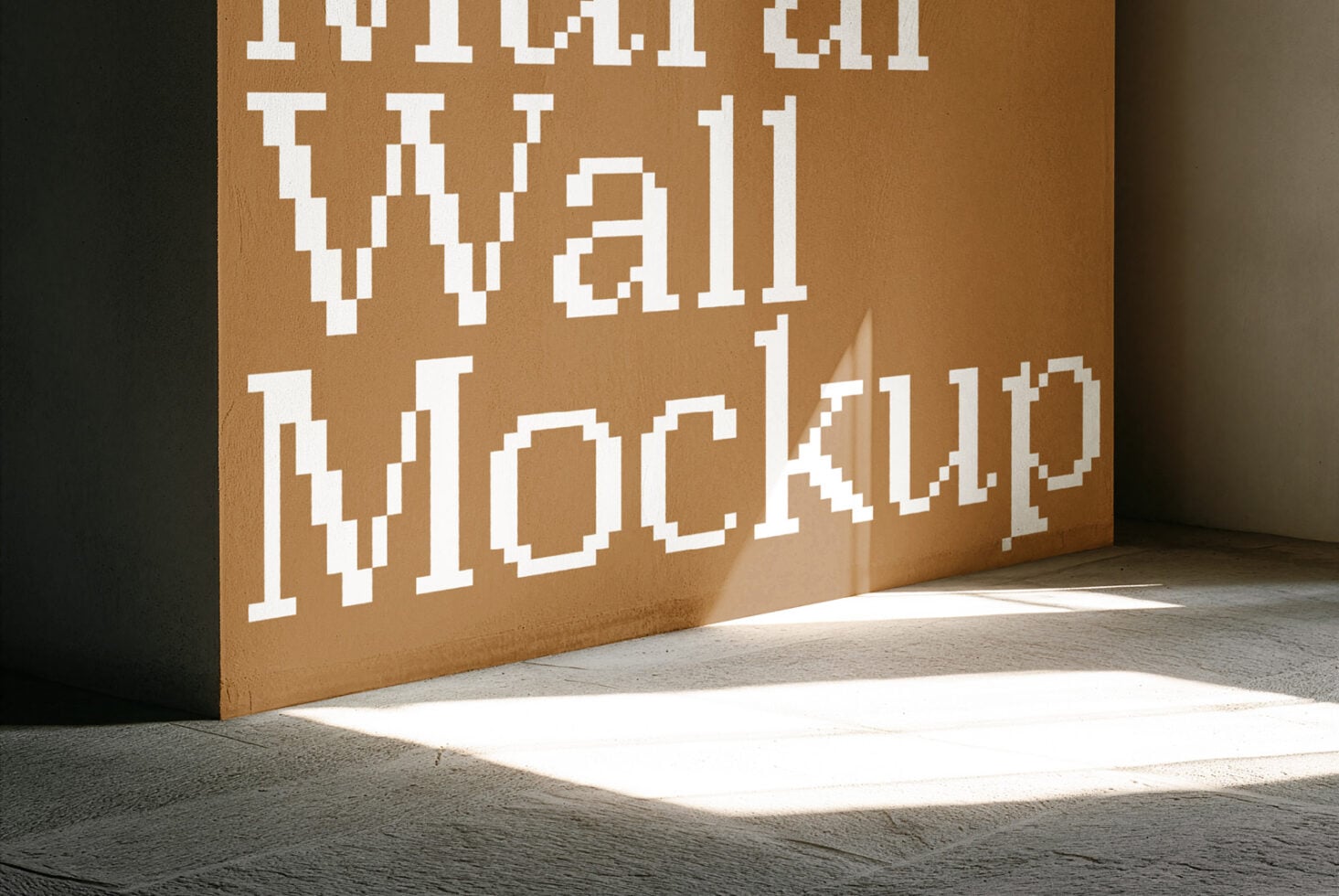 Pixelated white text on tan wall casting sharp shadows in bright sunlight