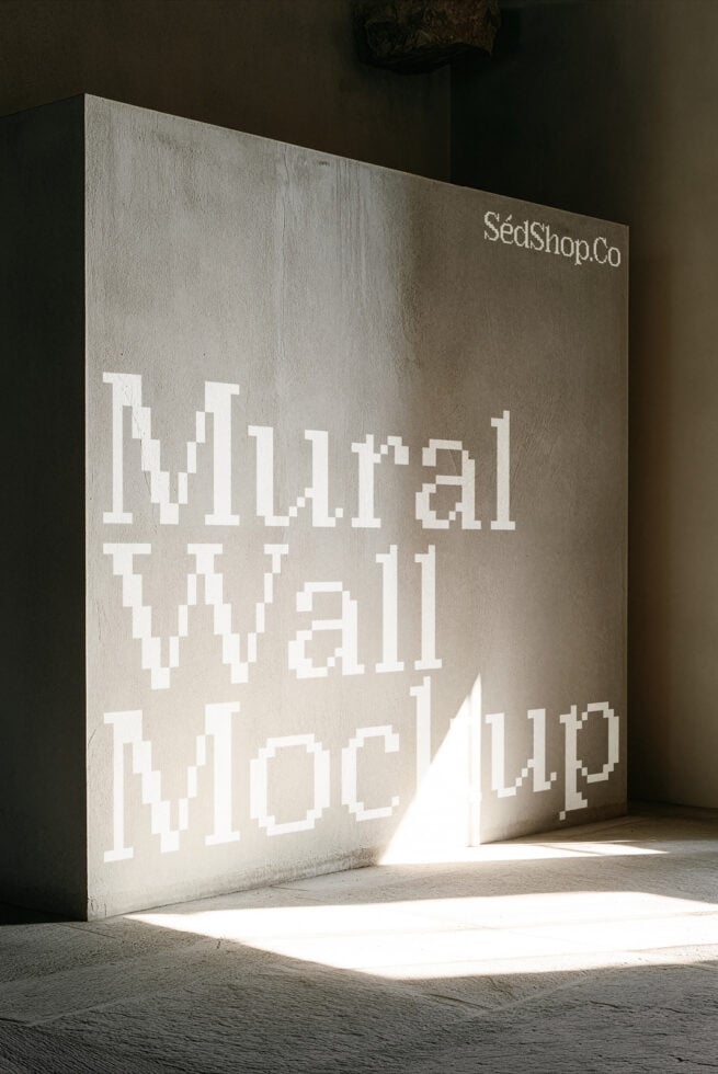 Concrete wall mockup with pixelated white text, SedShop.Co branding, natural light casting shadows