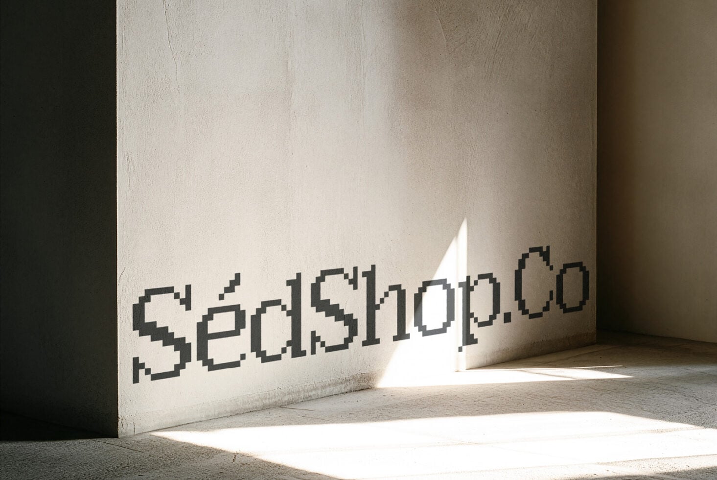 Pixelated text reading "SEDSNOPM.OD" stenciled on concrete wall with dramatic shadow from window light