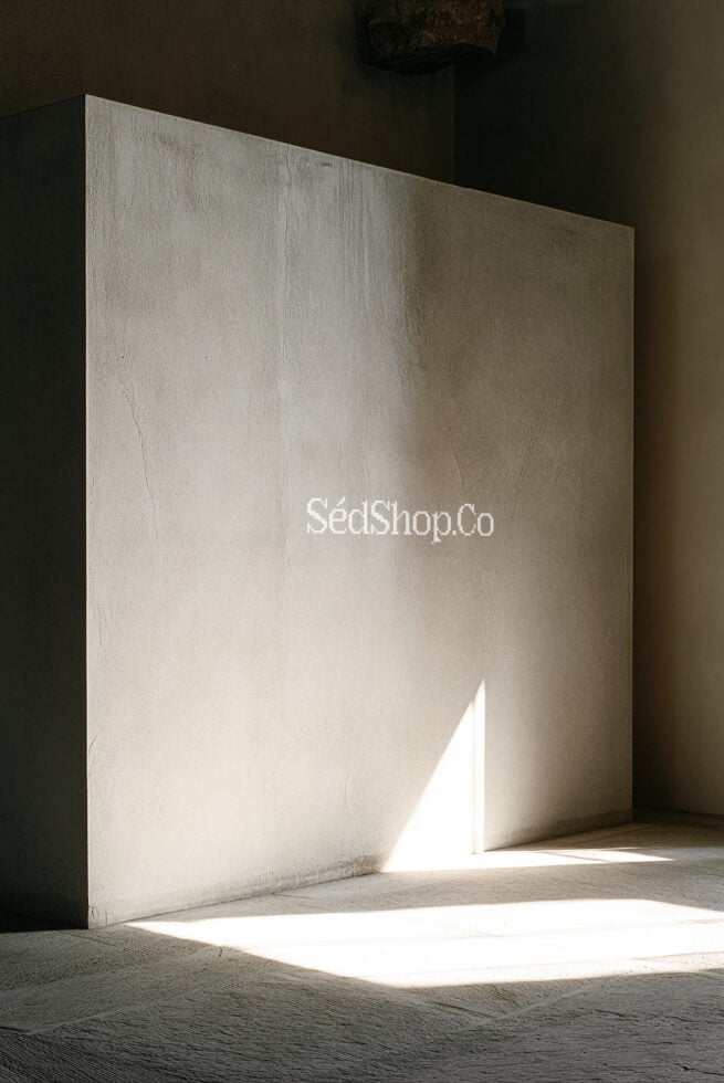 Concrete wall mockup with natural light streaming through opening, SédShop.Co branding centered