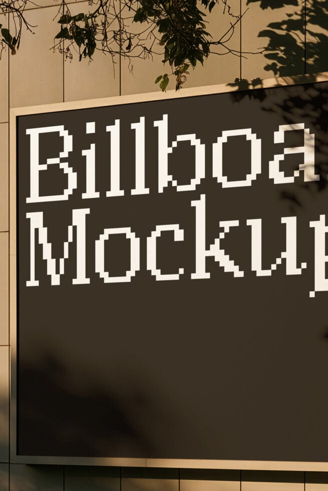 Retro pixelated sign mockup with hanging plants casting shadows on beige wall