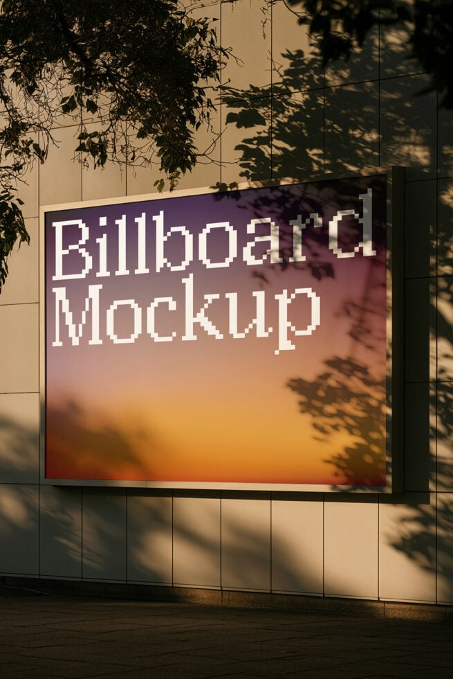 Billboard mockup with gradient background, pixel font text, foliage shadows on tile wall