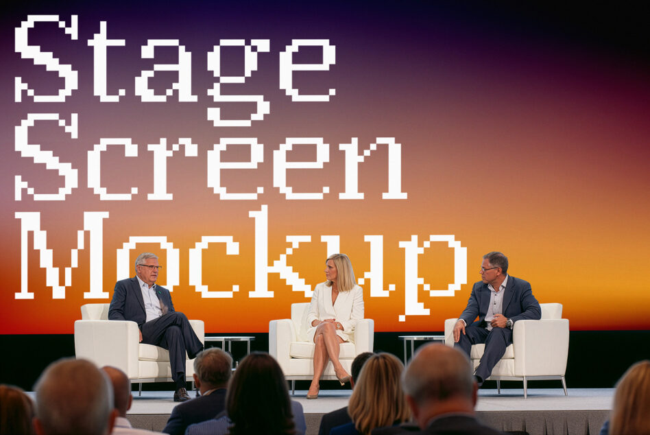 Three professionals on white chairs during stage panel discussion with pixelated backdrop