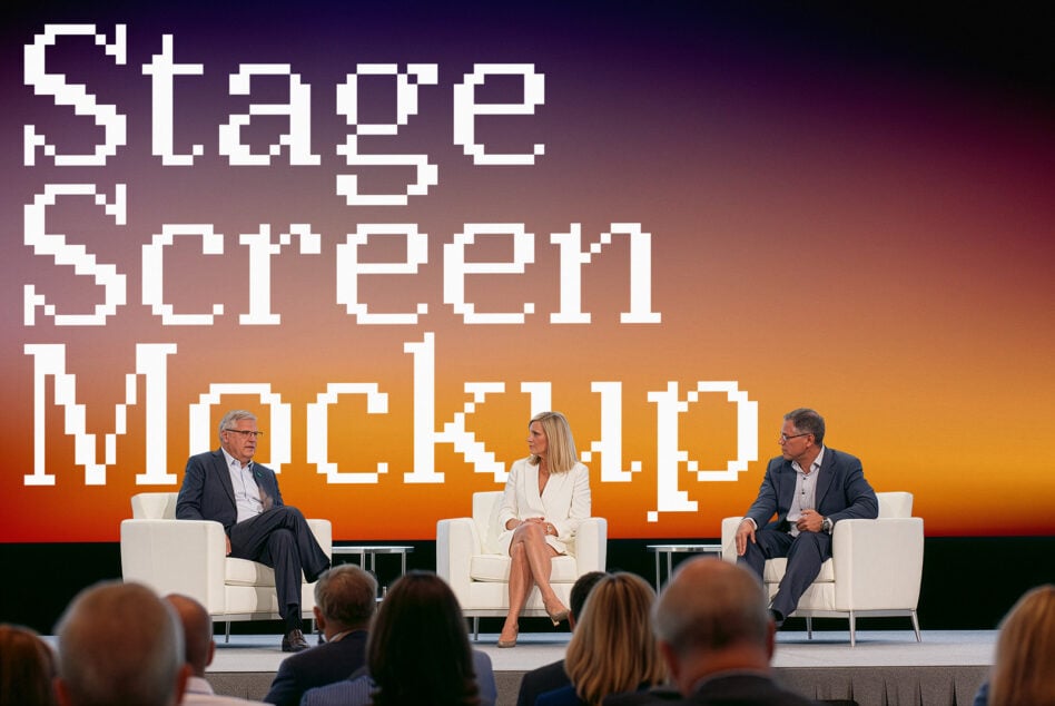 Three panelists on stage during tech conference discussion with pixelated backdrop
