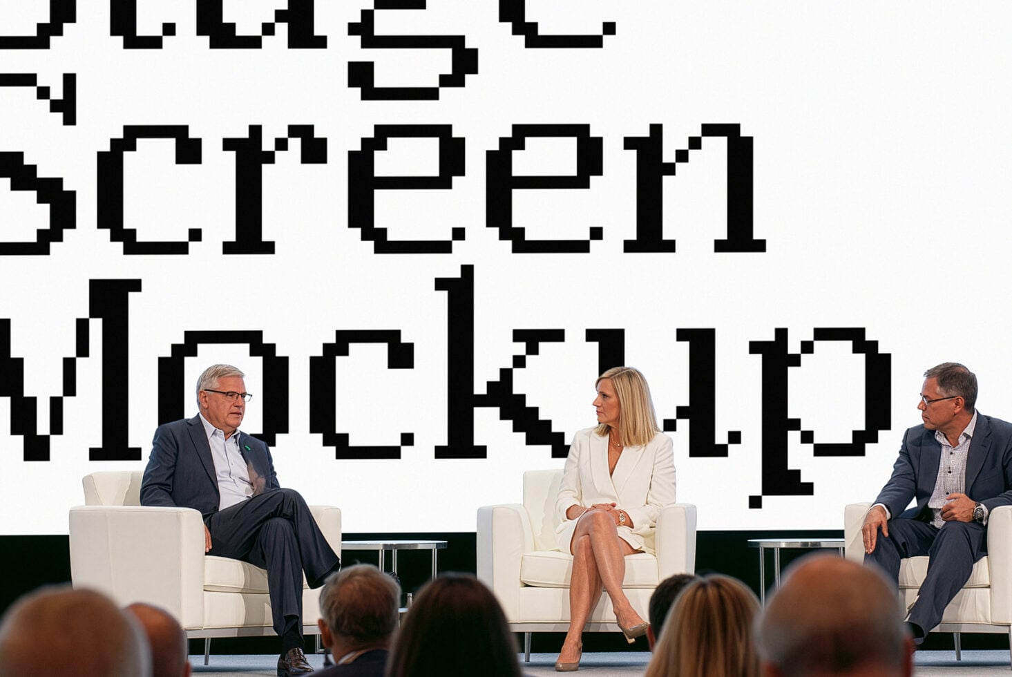 Three professionals in business attire seated on white chairs during a panel discussion on stage