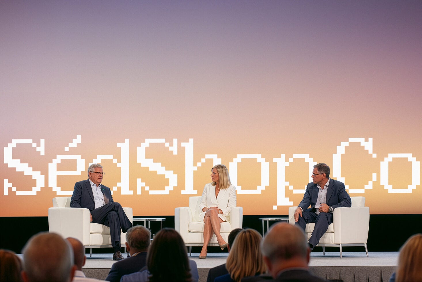 Three panelists on stage in white chairs during business conference with pixel art backdrop