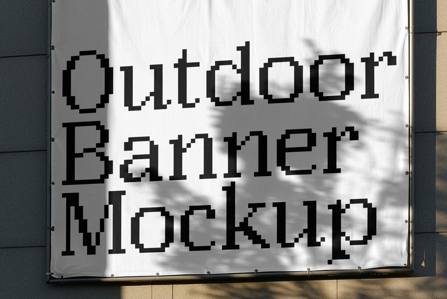 Pixelated outdoor banner mockup with window shadow overlay on white fabric