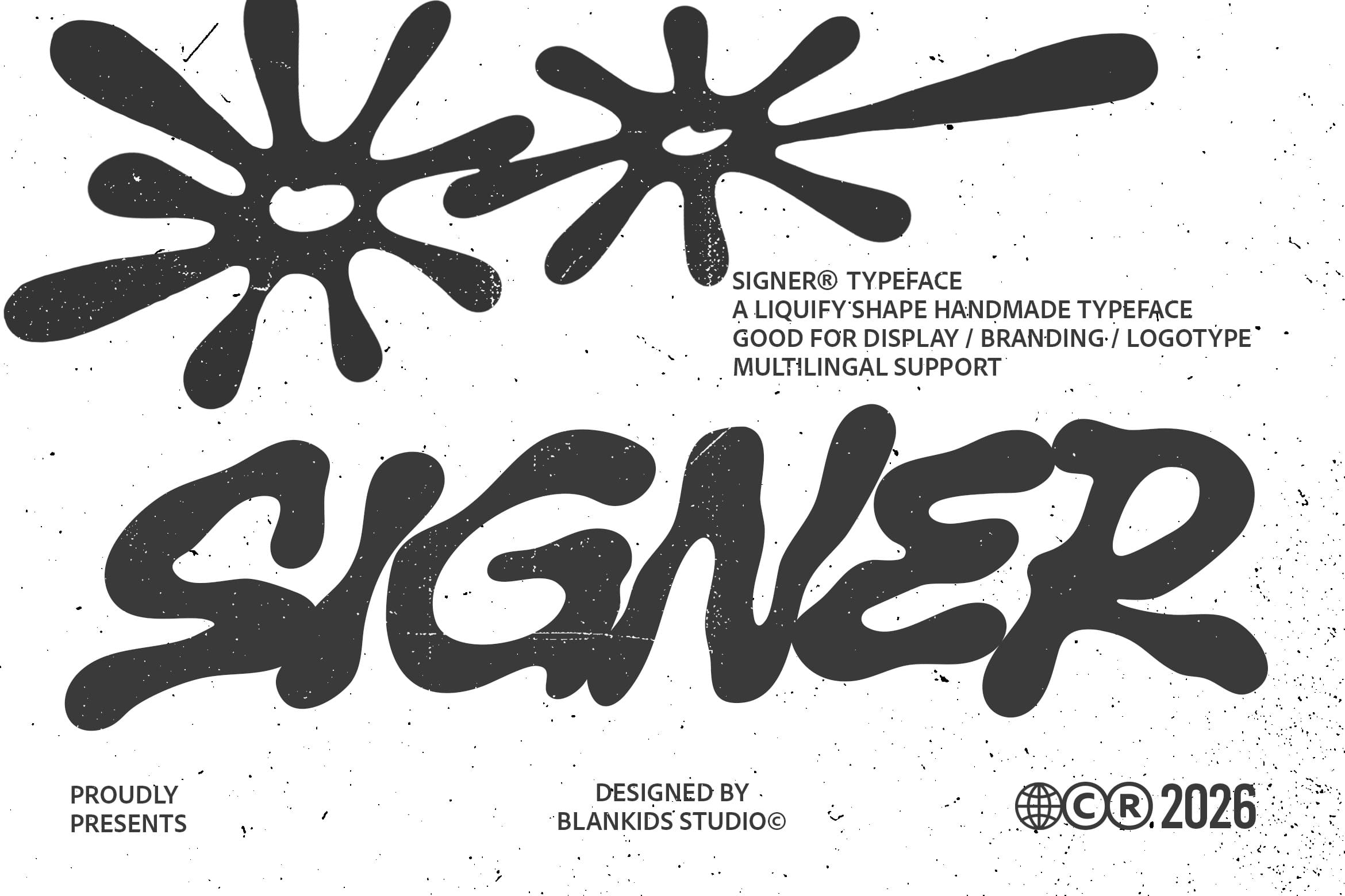 Signer typeface with wavy liquify shapes, gritty texture, handmade vibes for logos