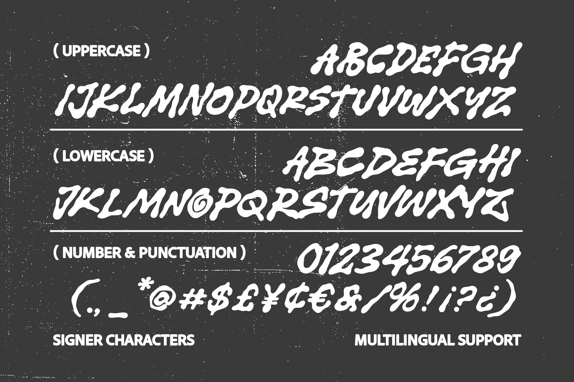 Graffiti-style italic font with uppercase, lowercase, numbers, punctuation, signer characters on dark textured background
