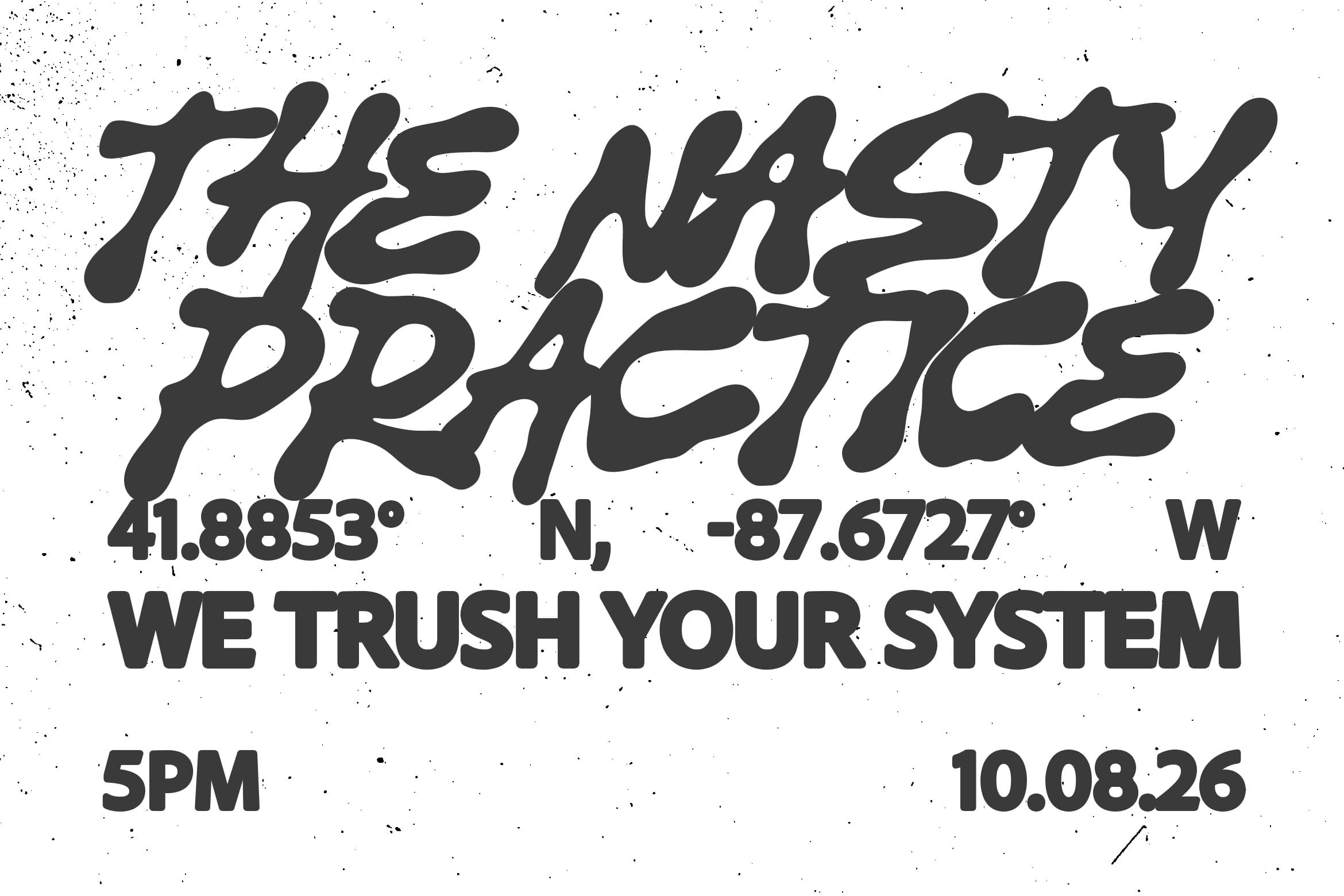 Chunky black distorted text reading "THE MISTY PRAIRIE" with coordinates, time, date, speckled white background