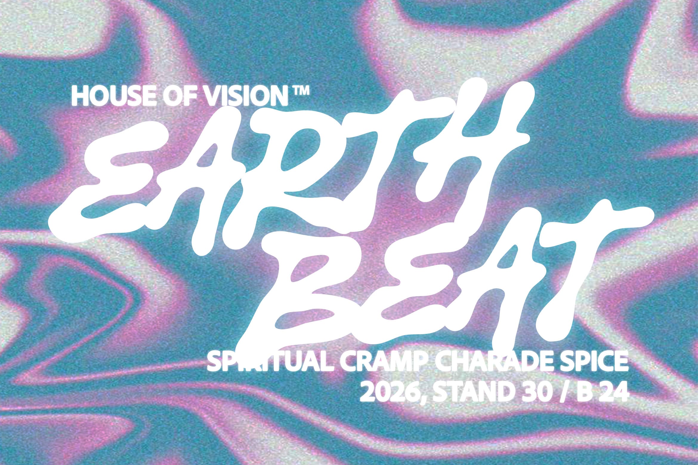 Groovy retro poster with House of Vision branding, bubbly white text on swirly teal-pink texture background