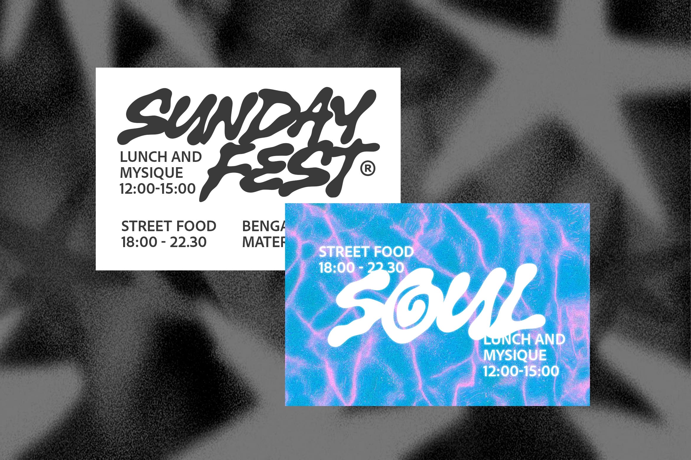 Two event posters overlapping: bold black type on white with schedule info, vibrant neon blue flyer below with event details