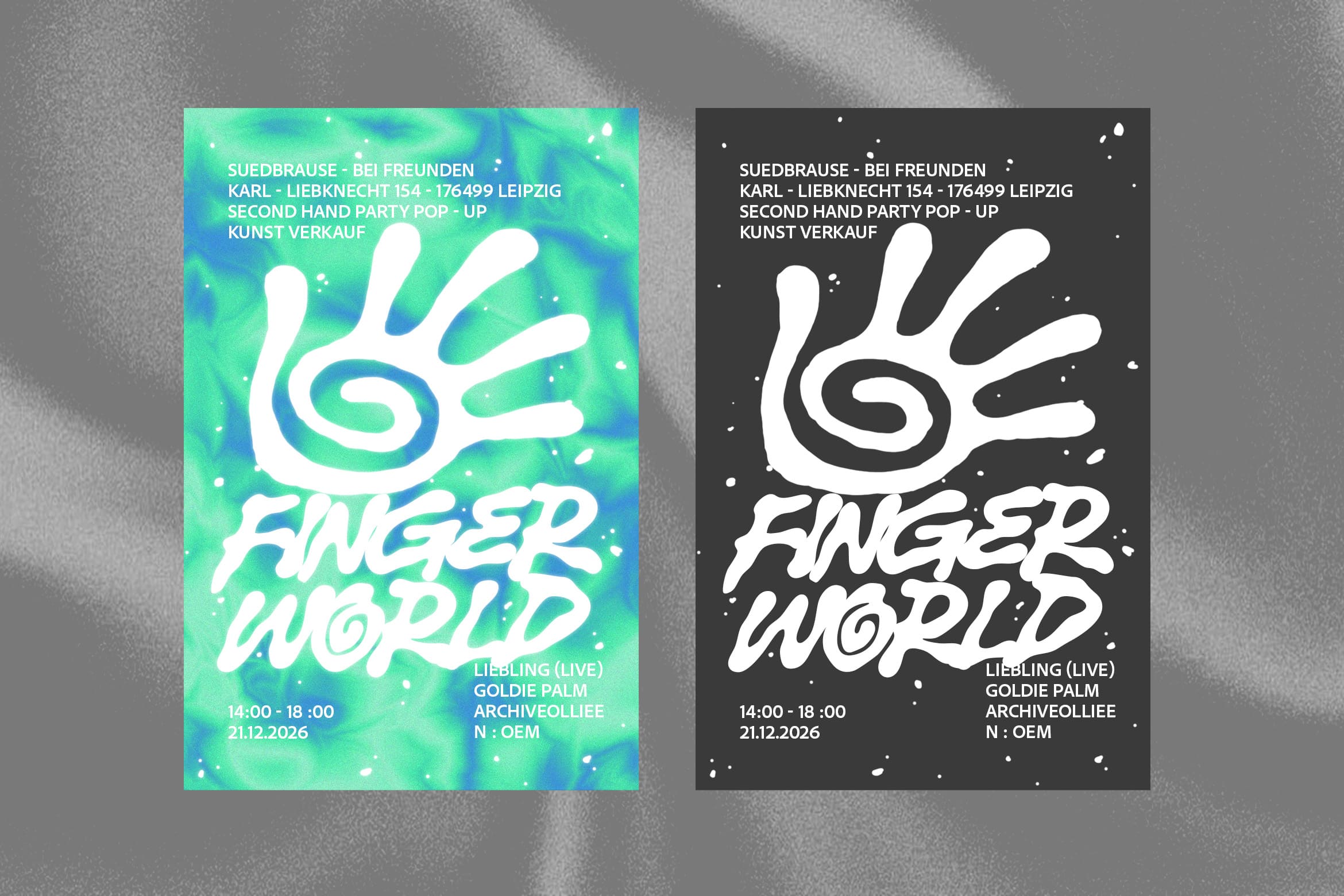 Fingerworld event poster mockup in neon green plus dark variations with spiral hand logo