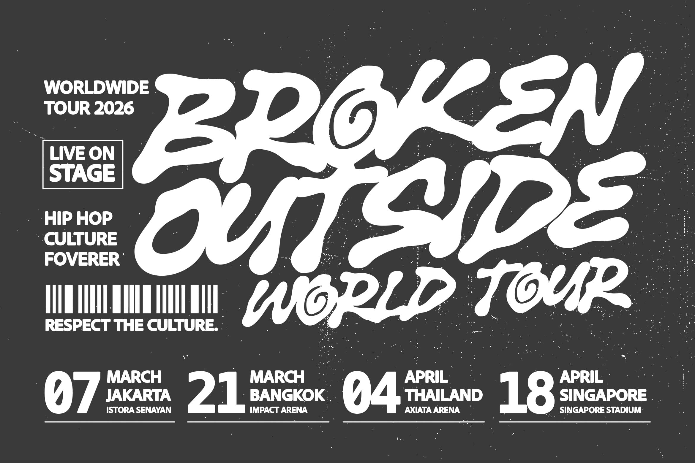 Broken Outline 2026 world tour poster with bold white typography on dark background