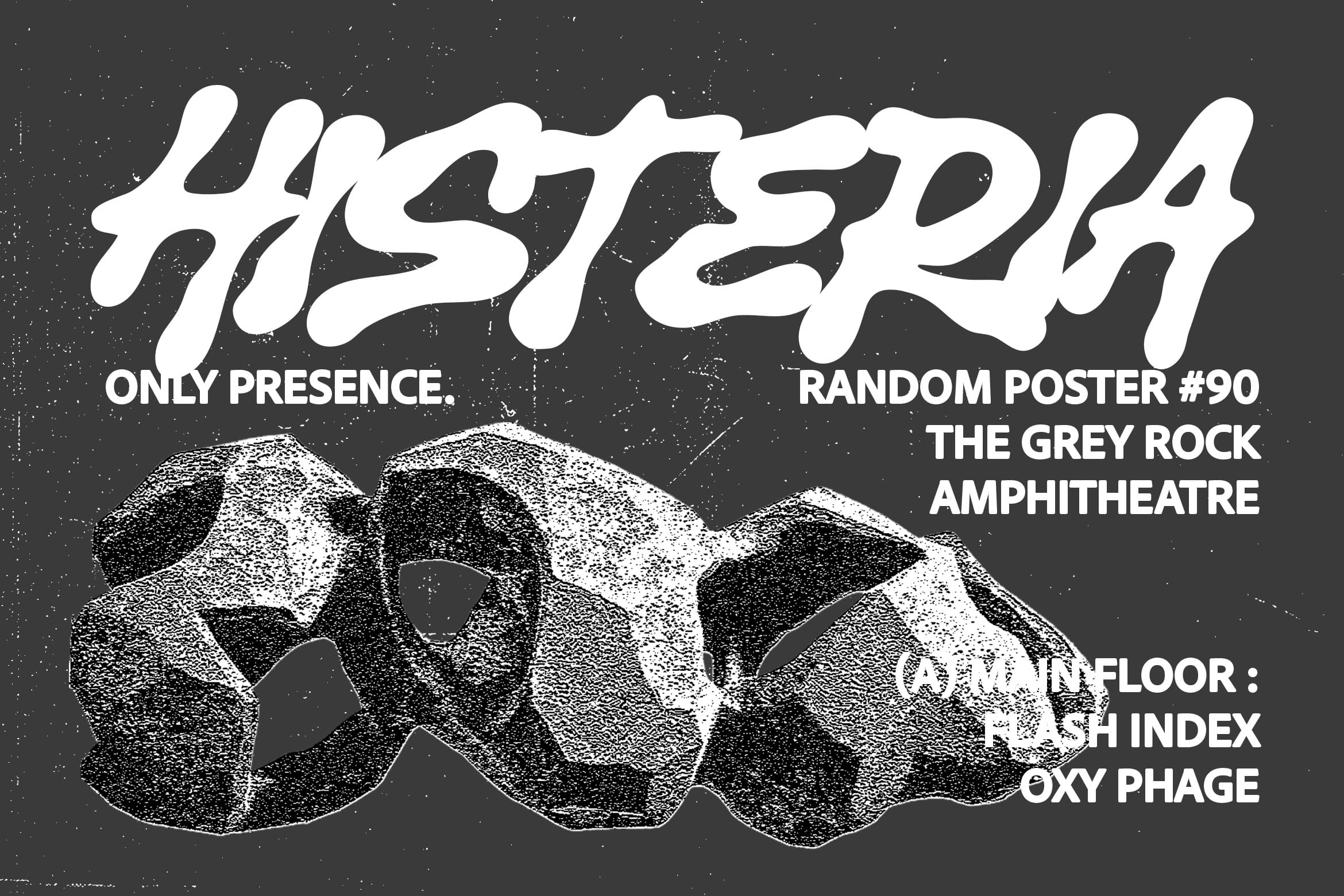 Grungy concert poster with wavy white text, textured rock graphic, band names, venue details on dark background