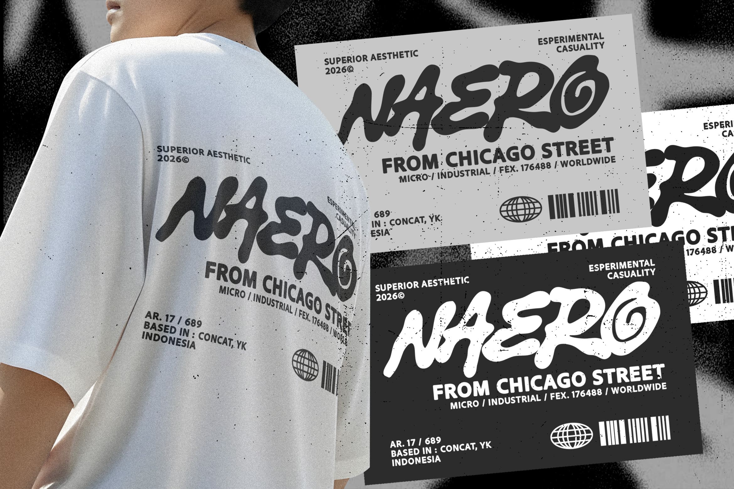 Oversized tee with grungy Chicago street label mockup in black, white, showing barcode details on fabric
