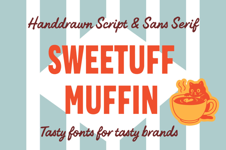 Sweetuff Muffin font duo with handdrawn script plus bold sans serif, lucky cat graphic included