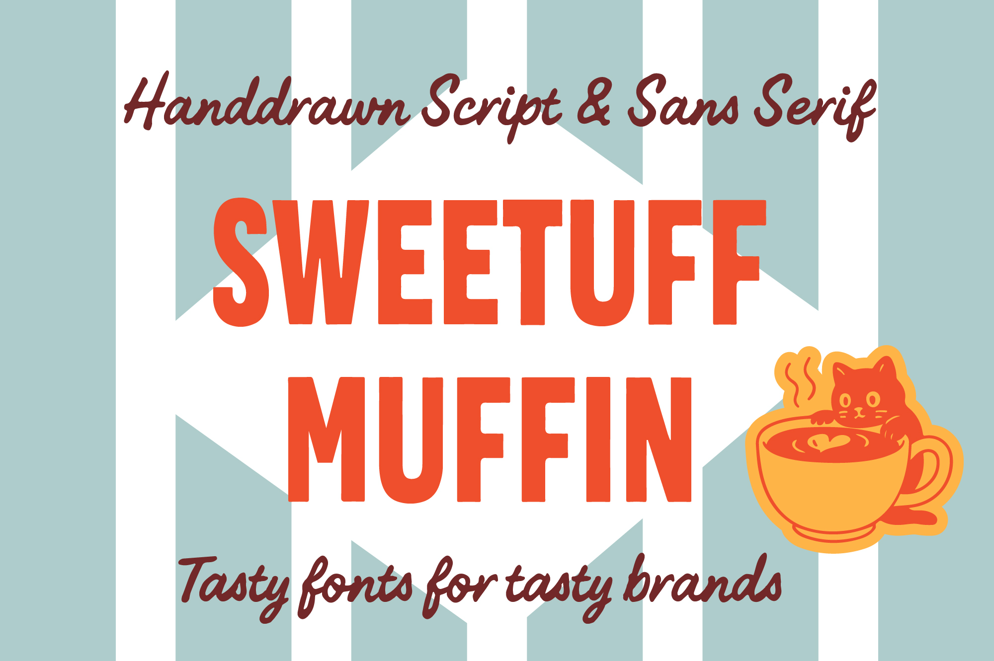 Sweetuff Muffin font duo with handdrawn script plus bold sans serif, lucky cat graphic included