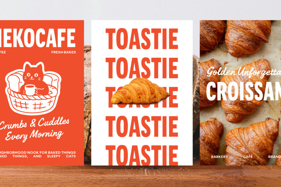 Three bakery posters with bold red text, cute cat illustration, croissant photo mockup on wood