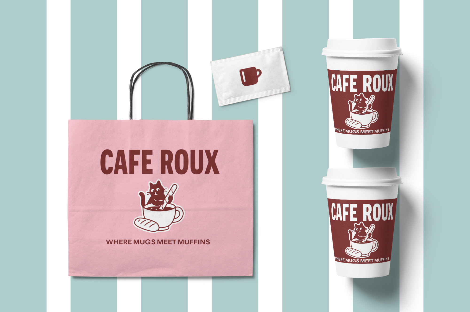 Cafe Roux branding mockup with pink tote bag, coffee cups, napkin on striped backdrop