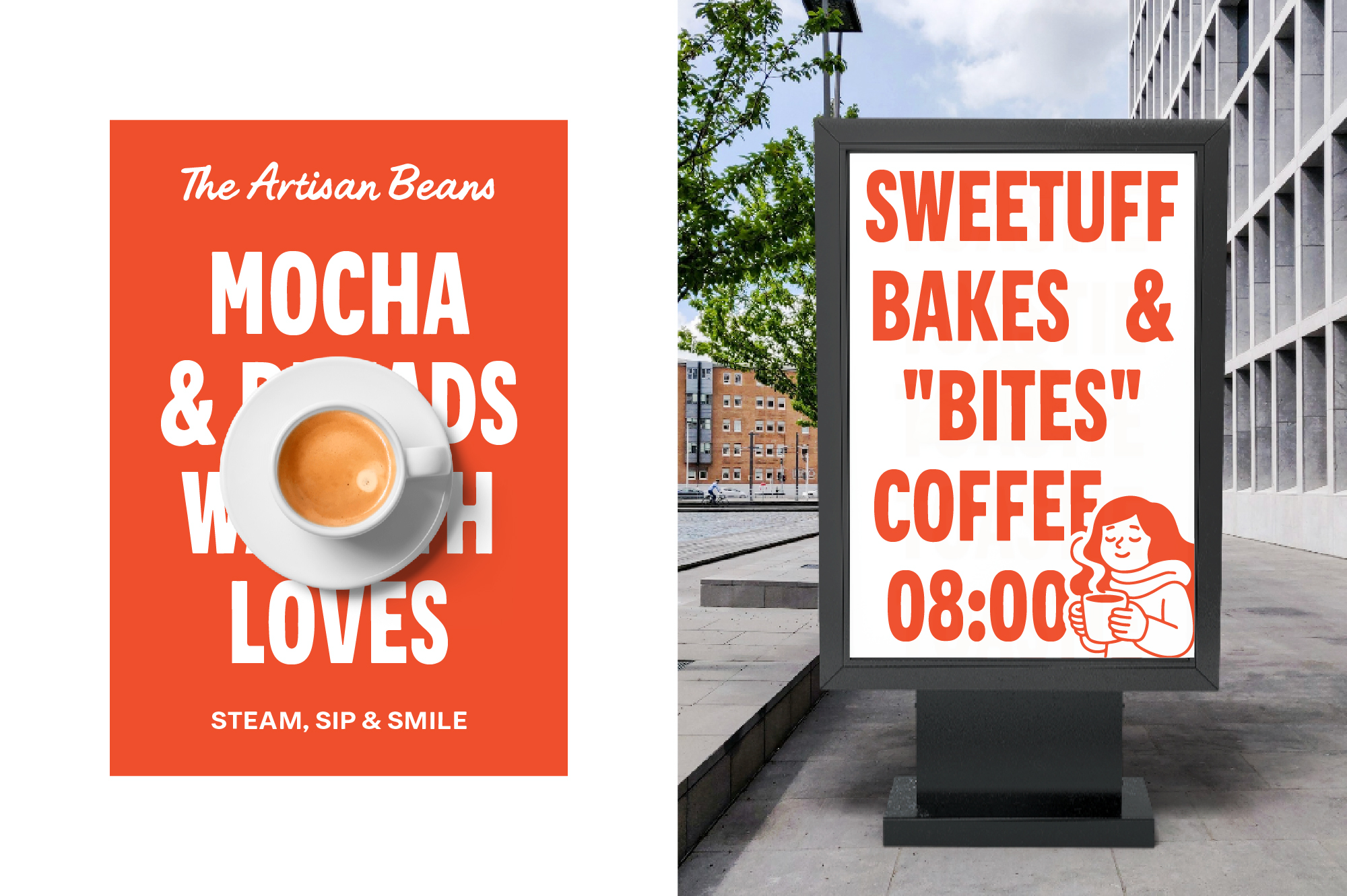 Bright orange coffee shop signage mockups with playful typography on urban street billboards