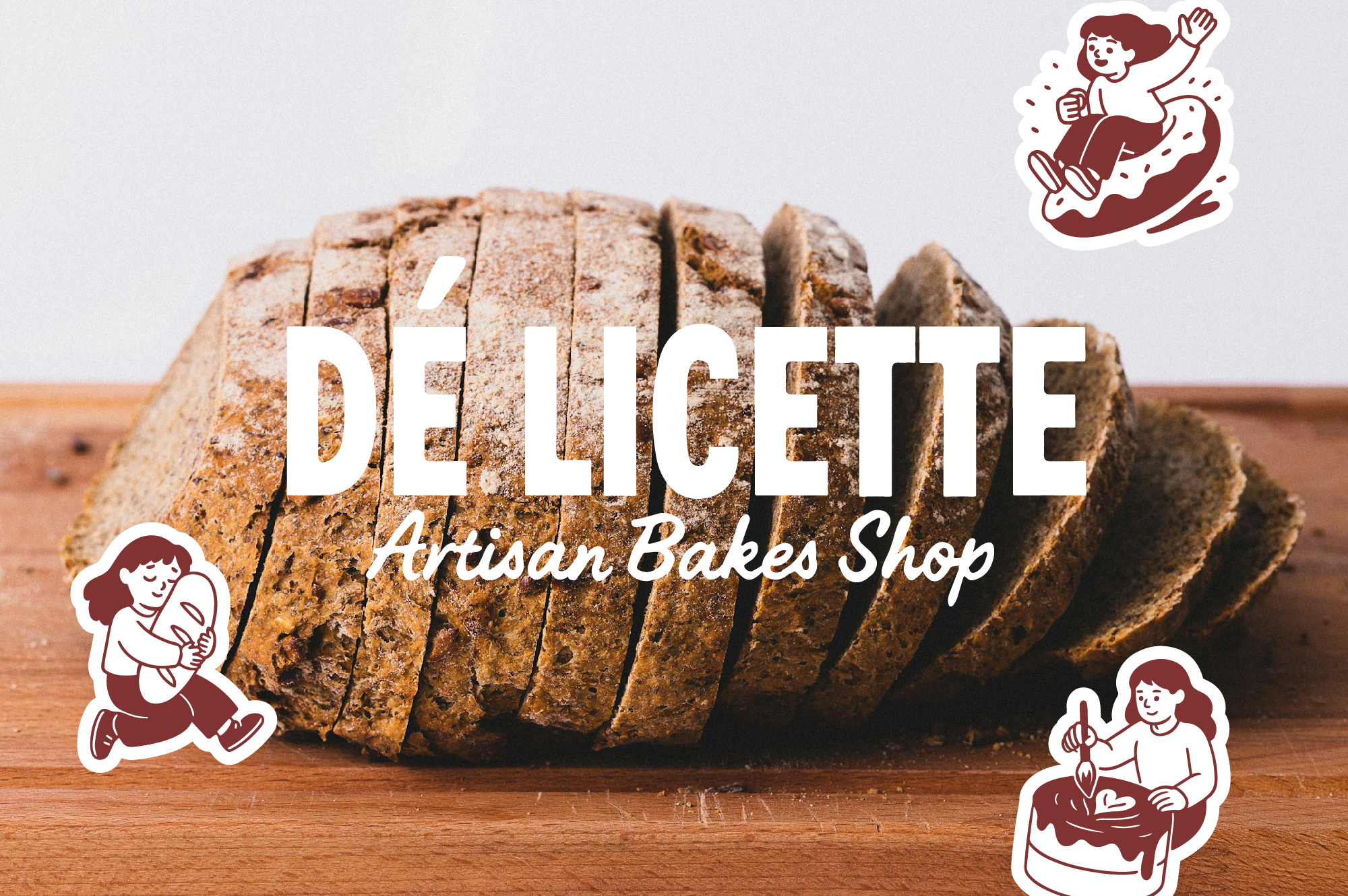 Sliced sourdough bread with "Delicate Artisan Bakes Shop" text overlay, playful baker characters scattered around