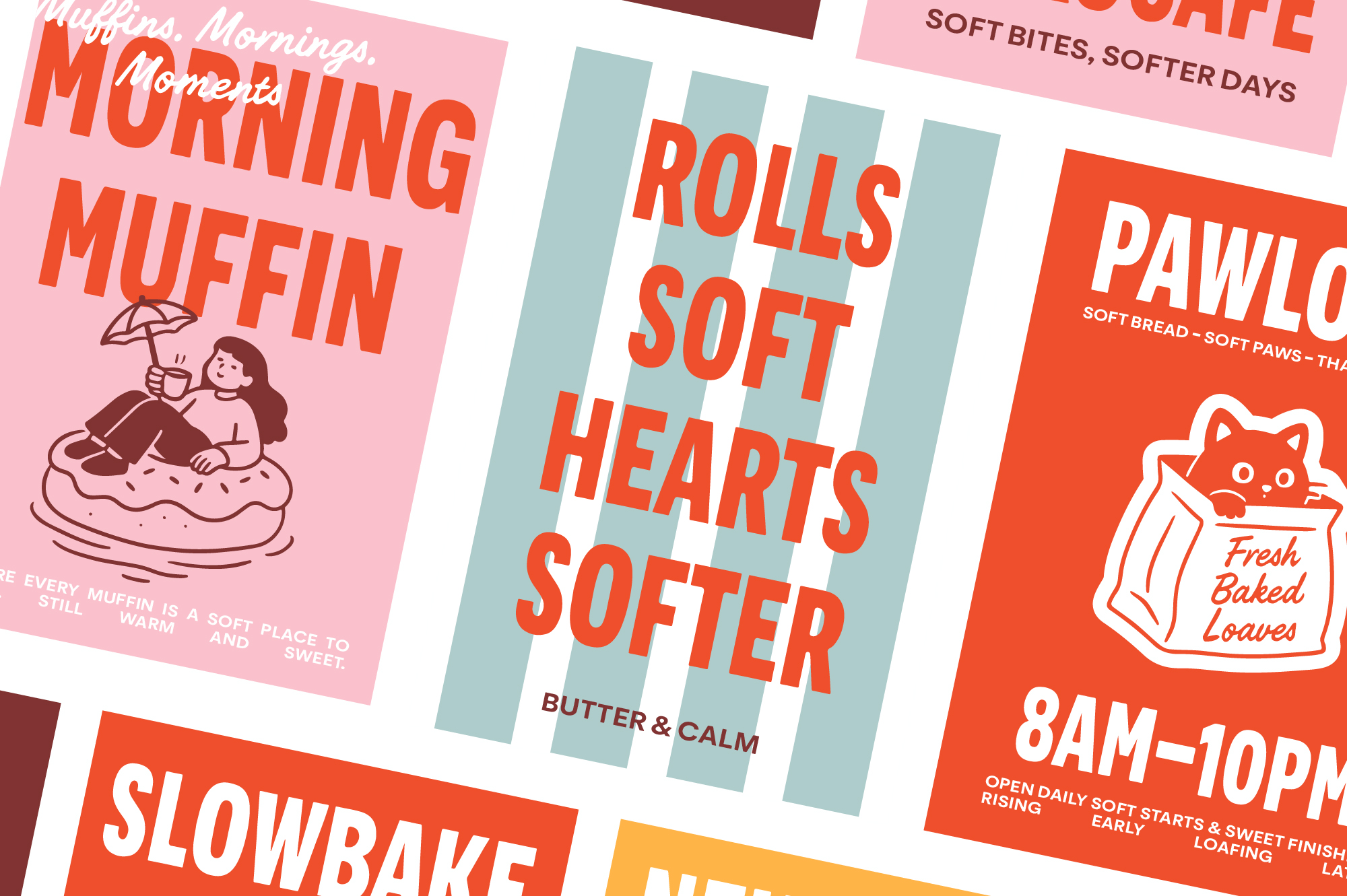 Bakery poster mockup bundle with bright orange type on pink, blue, red backgrounds showing muffin, rolls, pastry designs