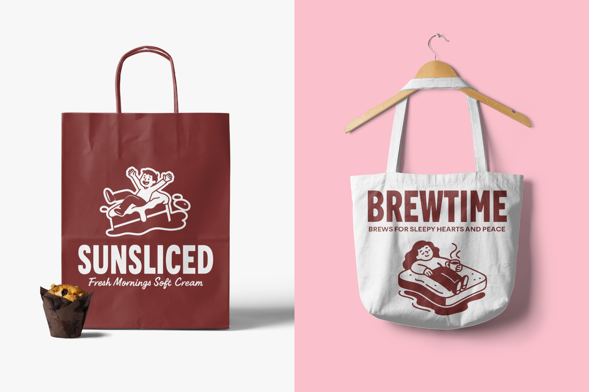 Burgundy paper bag with playful character graphic plus cream tote with retro illustration on pink background