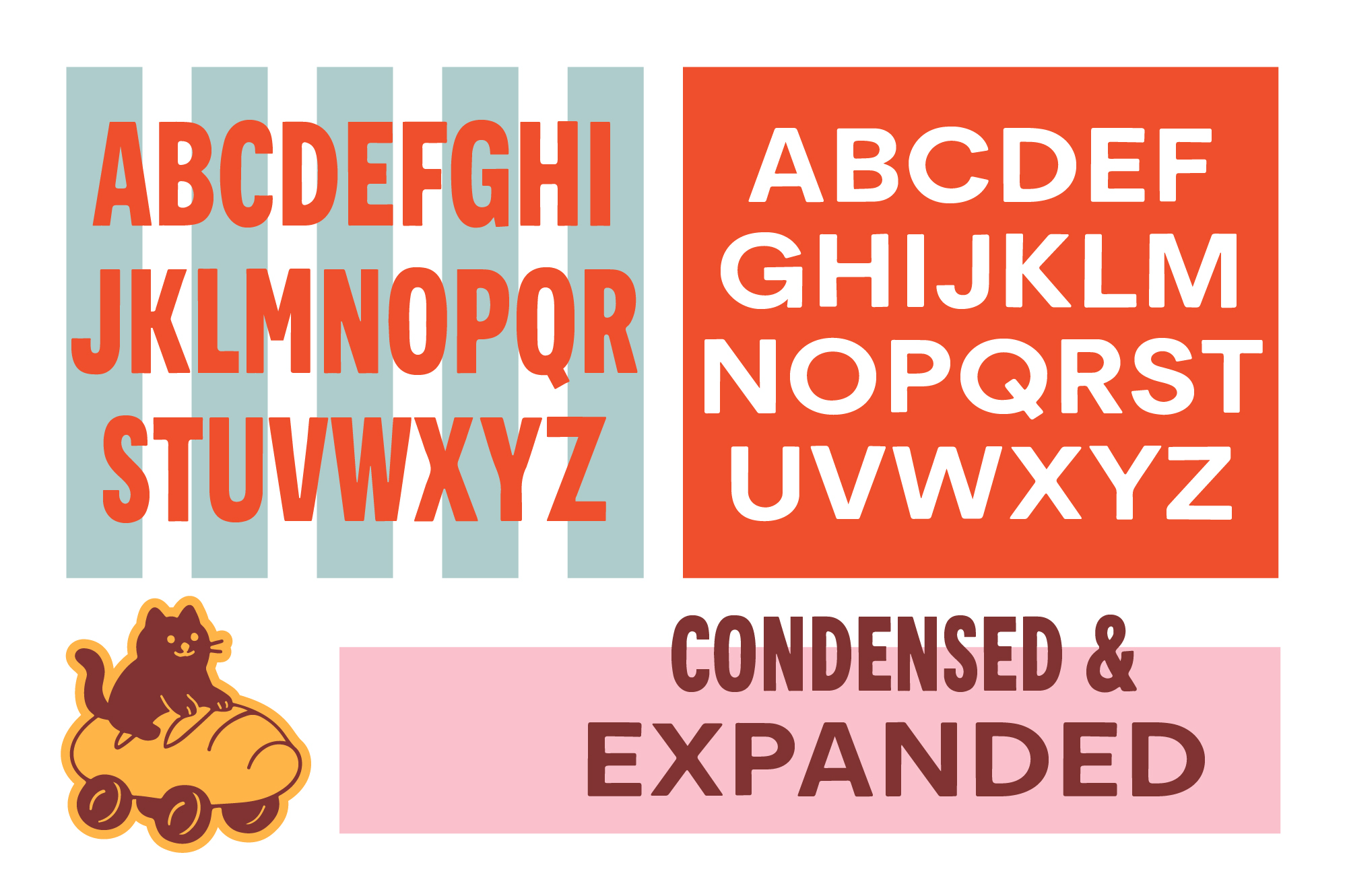 Bold sans serif font in red, white, orange showing condensed to expanded weights with cute cat mascot