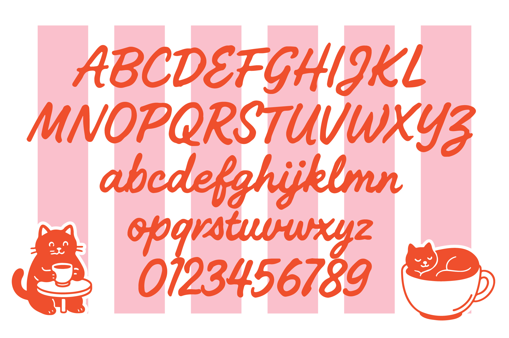 Playful italic font in bold orange with cute cats on pink striped background