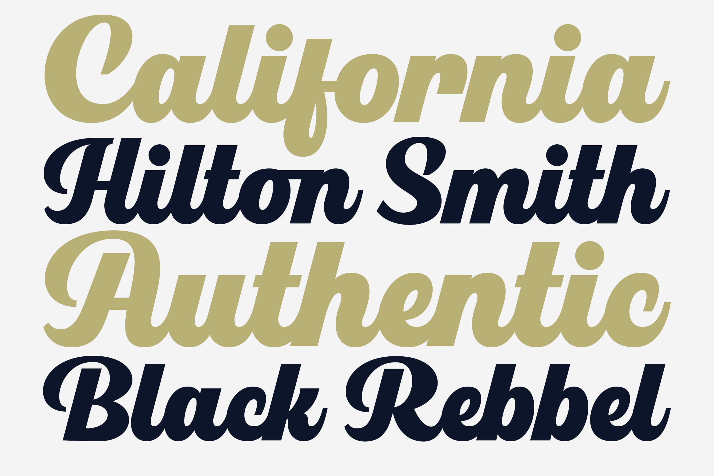 Callifornia, Hilton Smith, Authentic font duo in gold script with navy serif italic