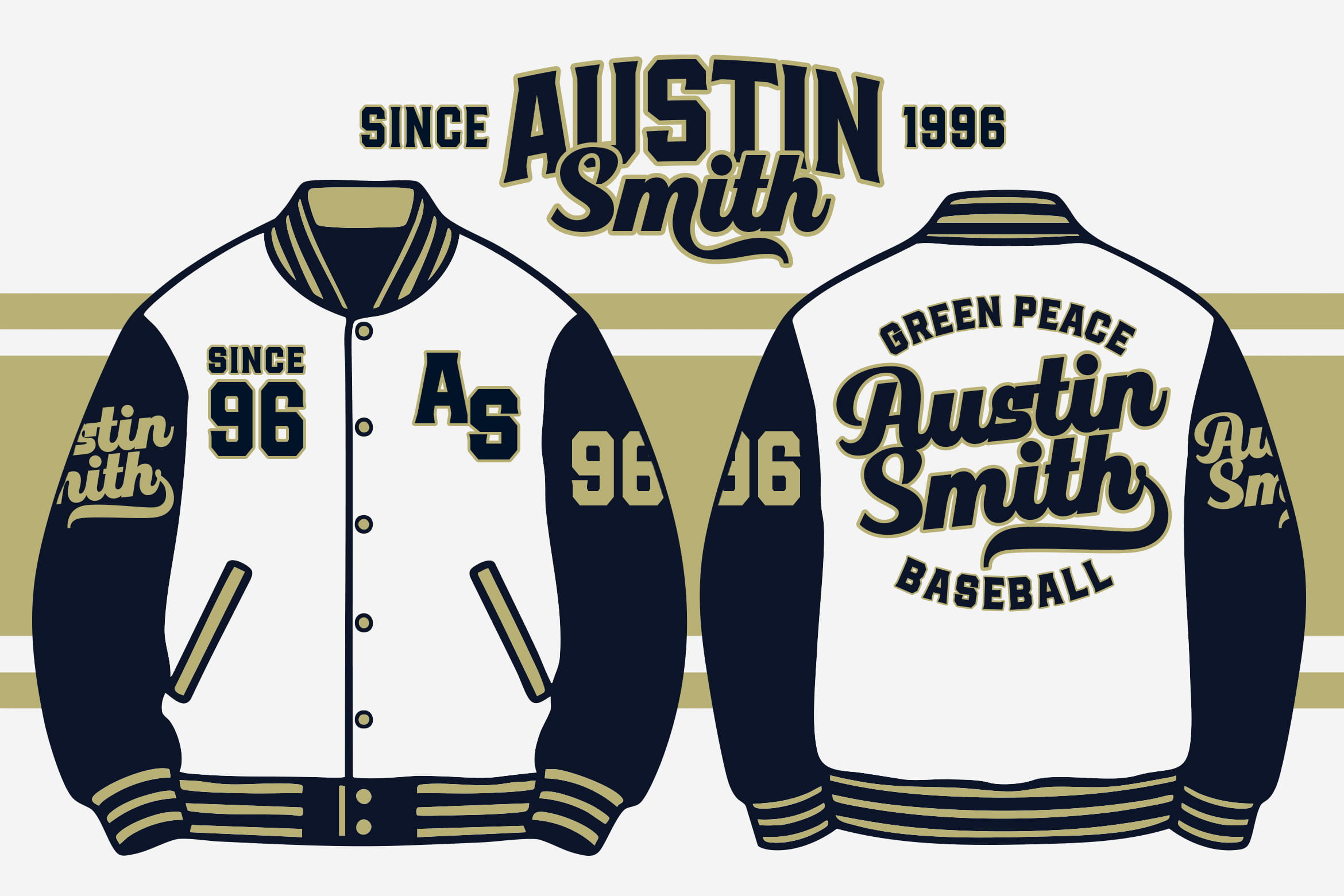 Vintage baseball varsity jacket mockup with navy, cream, gold colorway shown front, back