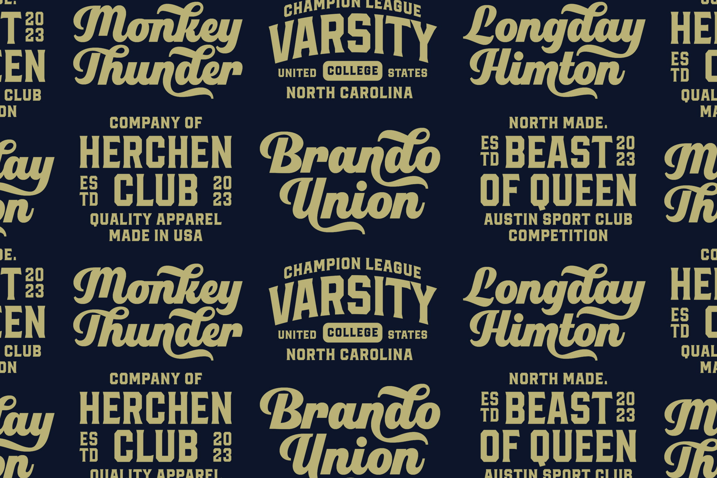Gold sports team logos repeating on dark navy background with varsity, beast, thunder, club text