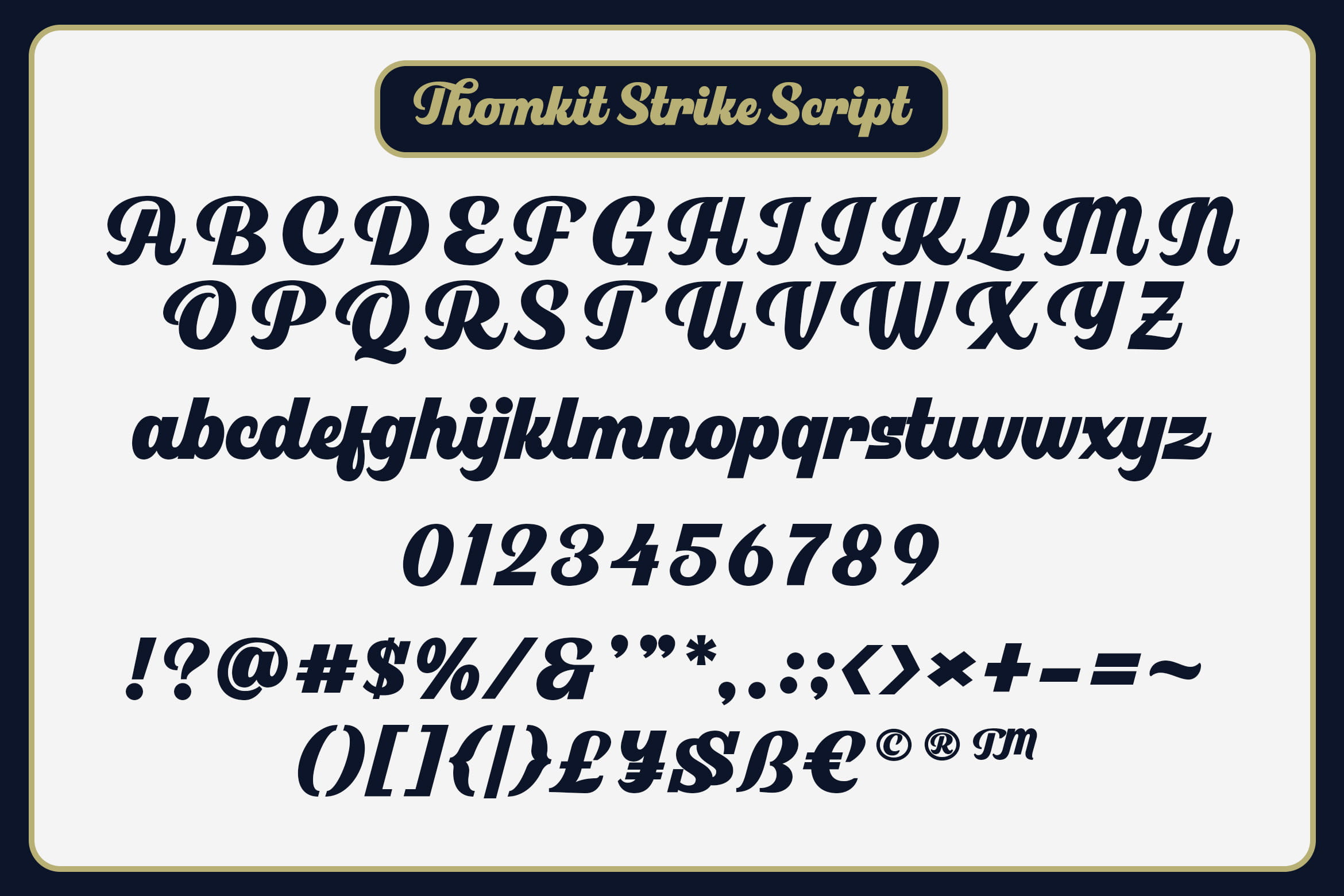 Rhomkit Strike Script font showing uppercase, lowercase, numbers, symbols in elegant navy italic script