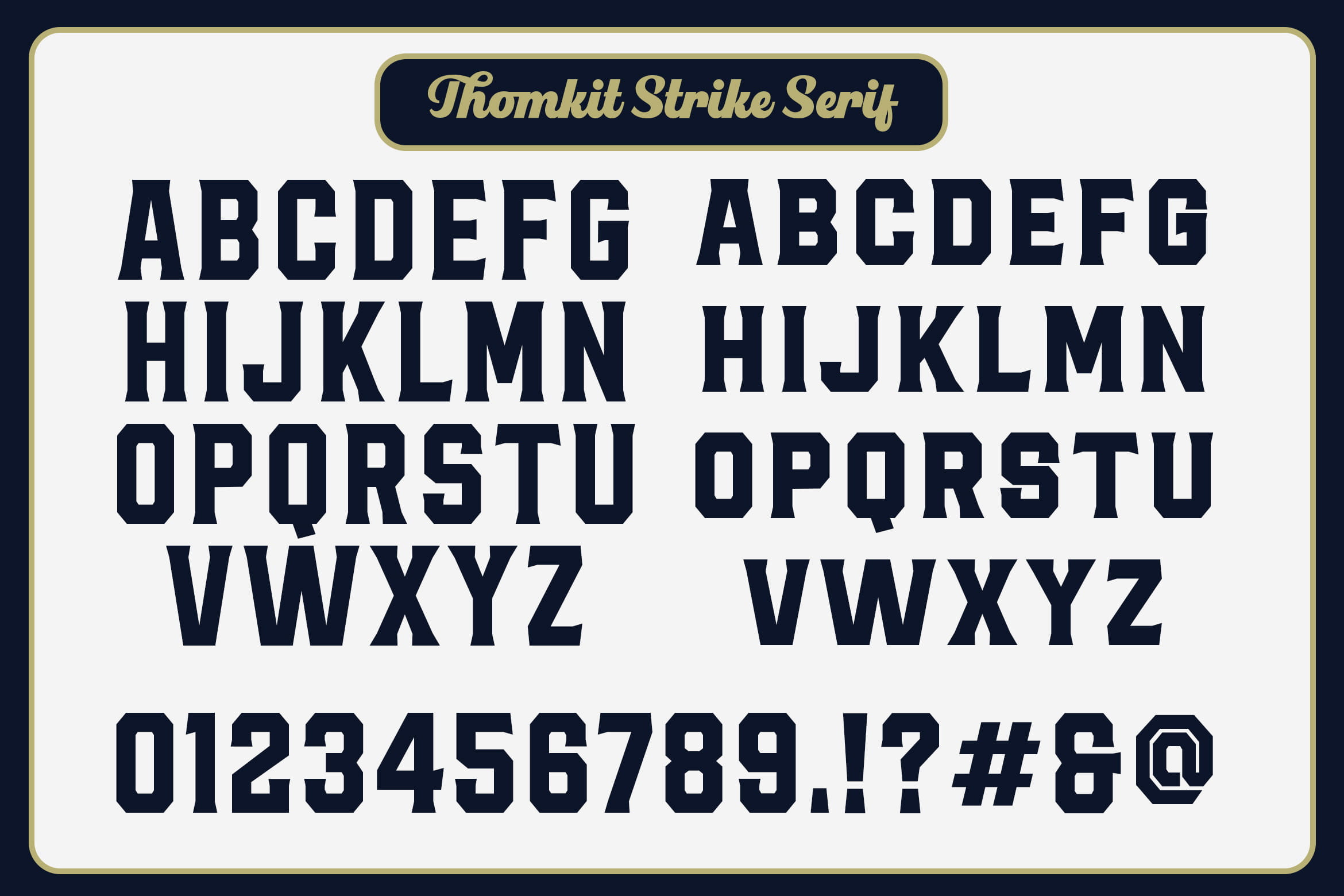 Thomkit Strike Serif typeface showing uppercase letters, numbers, punctuation in bold navy on cream