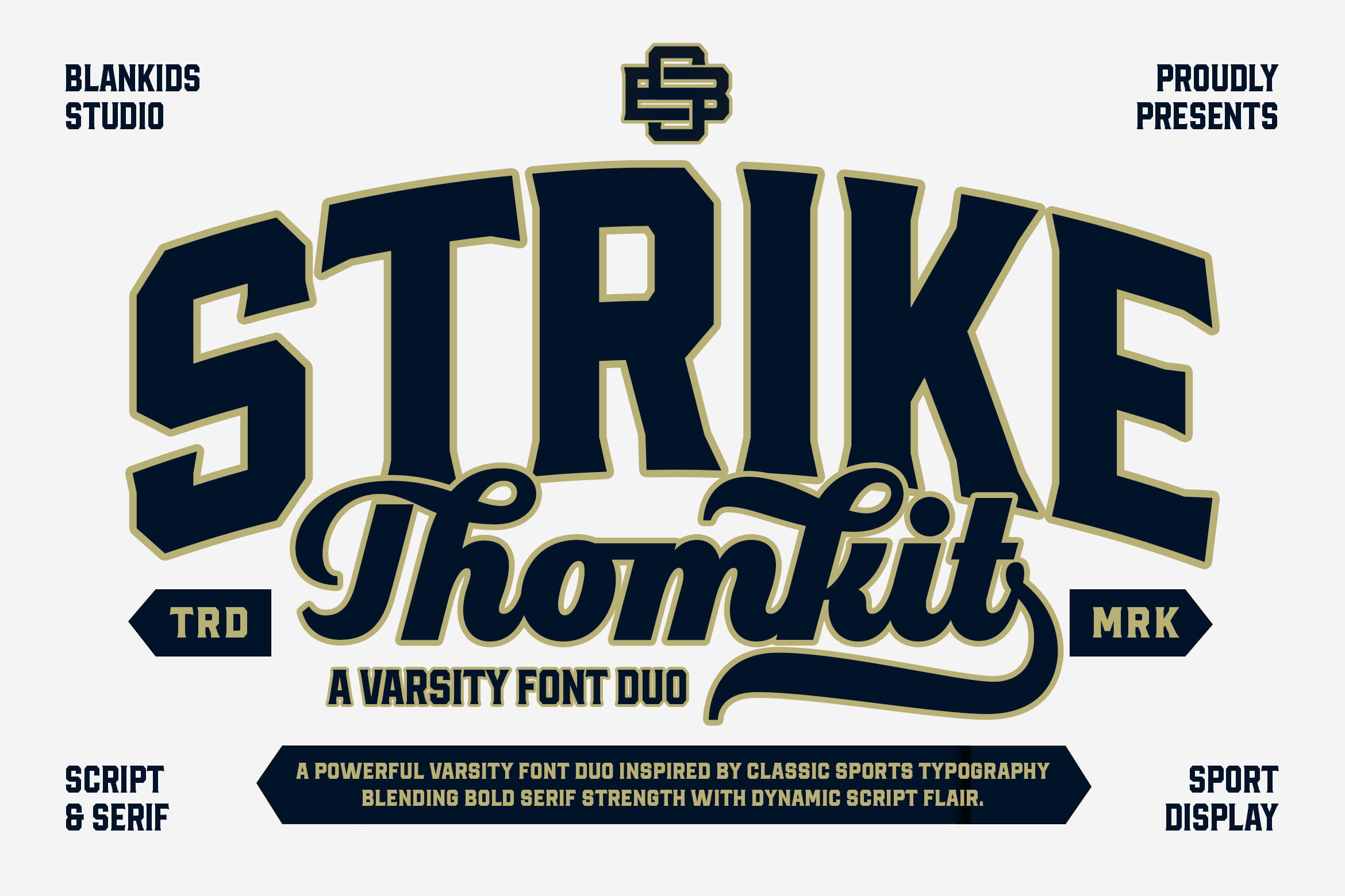 Strike Thomkit varsity font duo with navy, gold styling for sports branding