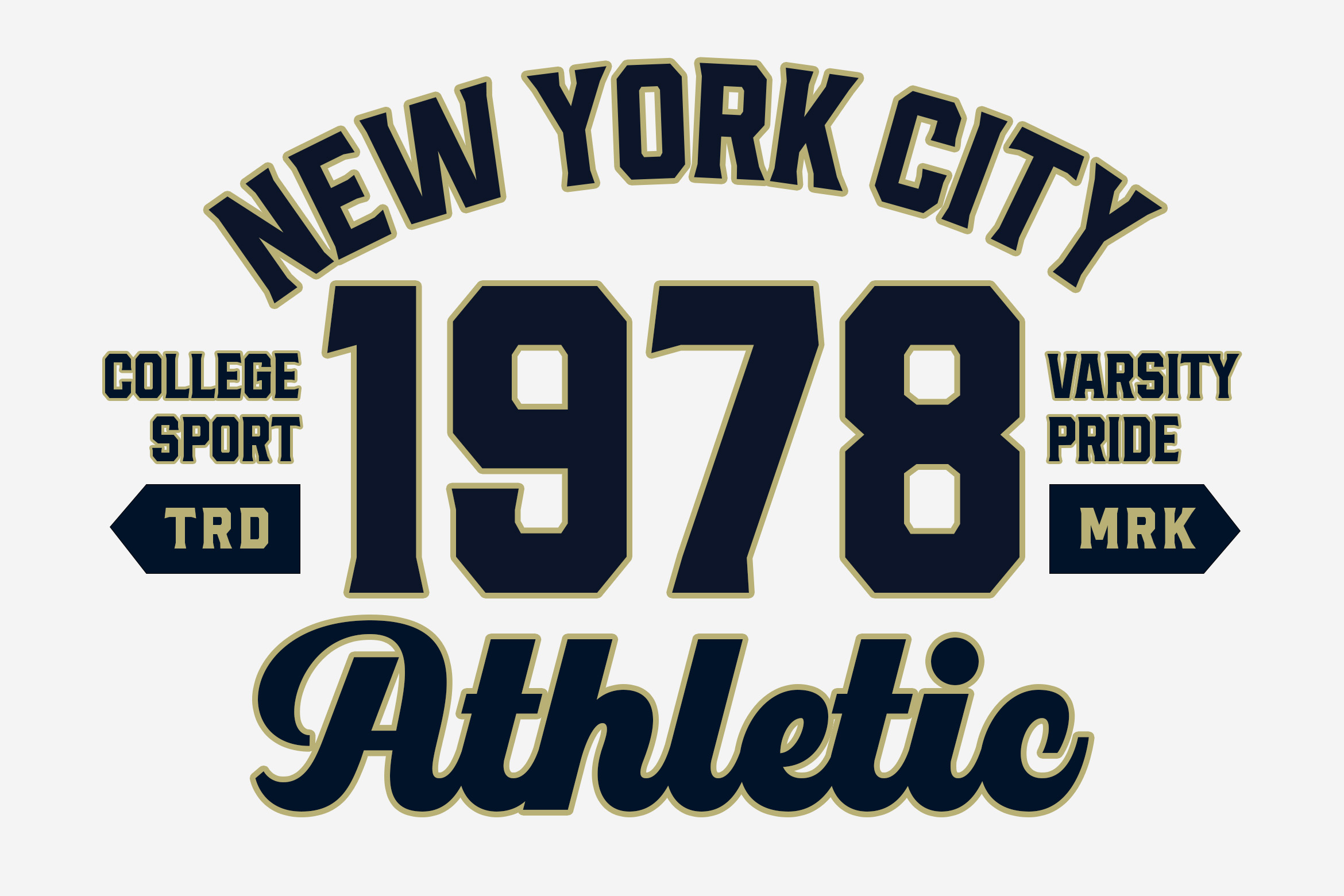Retro varsity athletic graphic with navy blue letters, gold outlines, 1978 college sport badge design