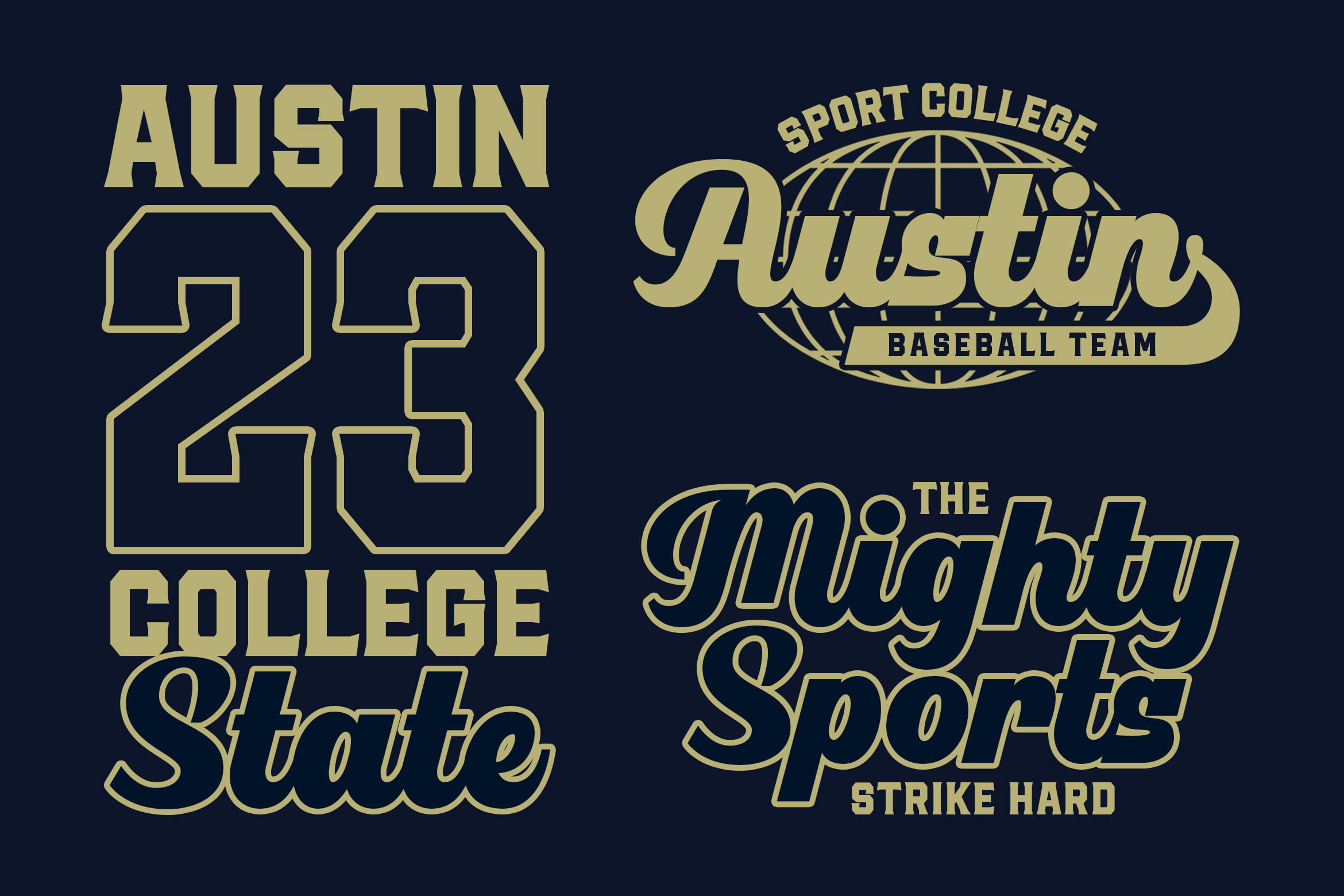 Vintage college sports logos in gold on dark blue with jersey number, baseball team badge, retro script lettering
