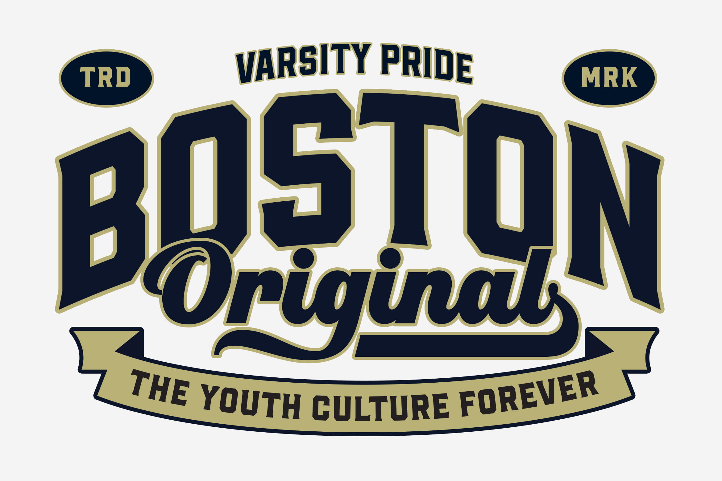 Boston Originals varsity badge with gold trim, navy blue lettering, banner, oval patches