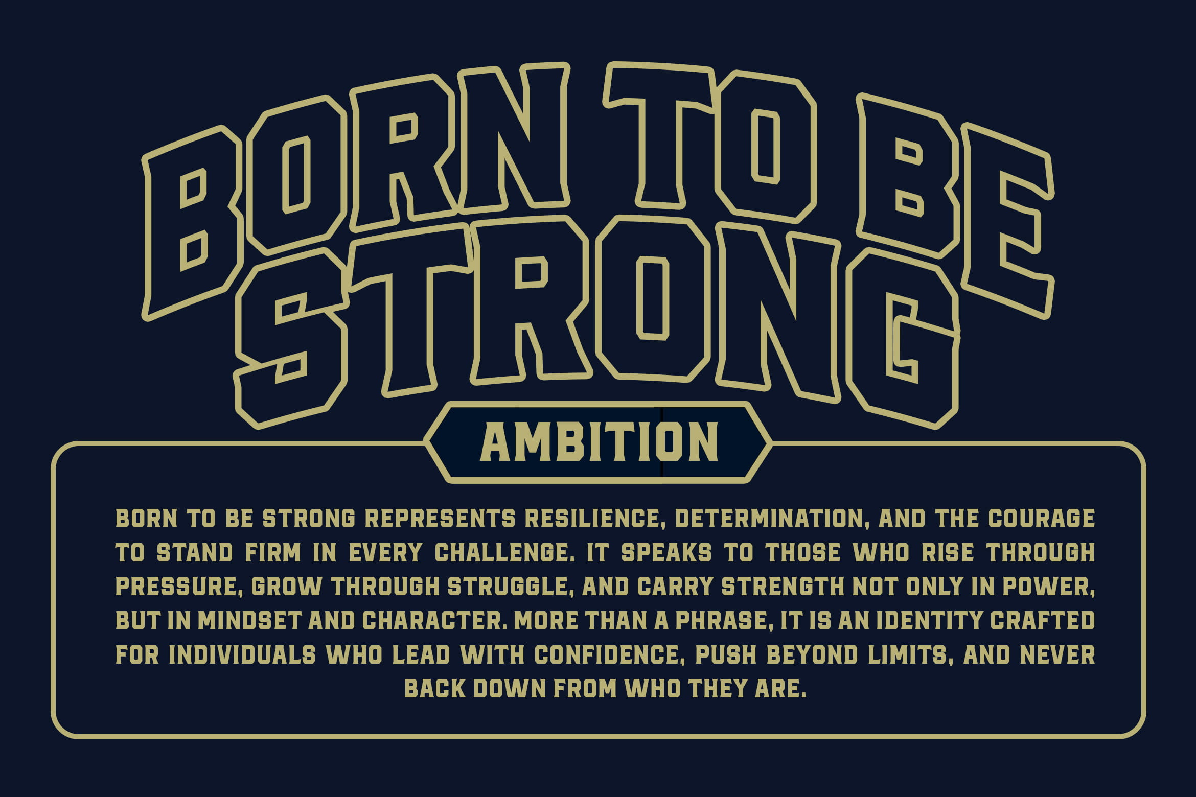 Born to be Strong motivational poster with gold outlined text on dark blue background