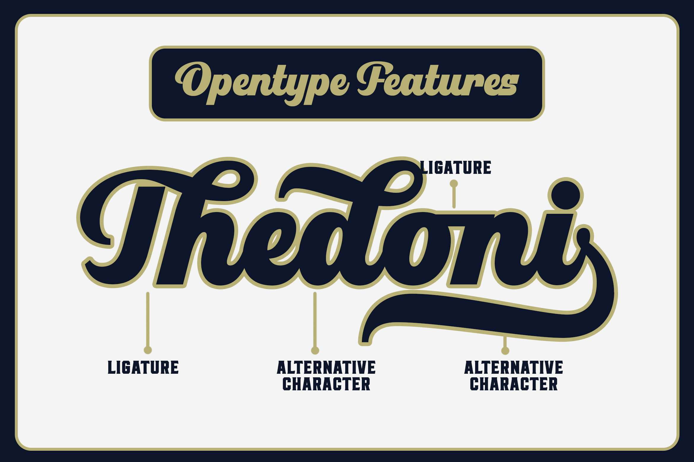 Opentype features chart showing ligatures plus alternative characters in gold lettering
