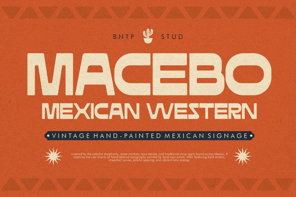 Macebo Mexican Western vintage display font with hand-painted texture on burnt orange background
