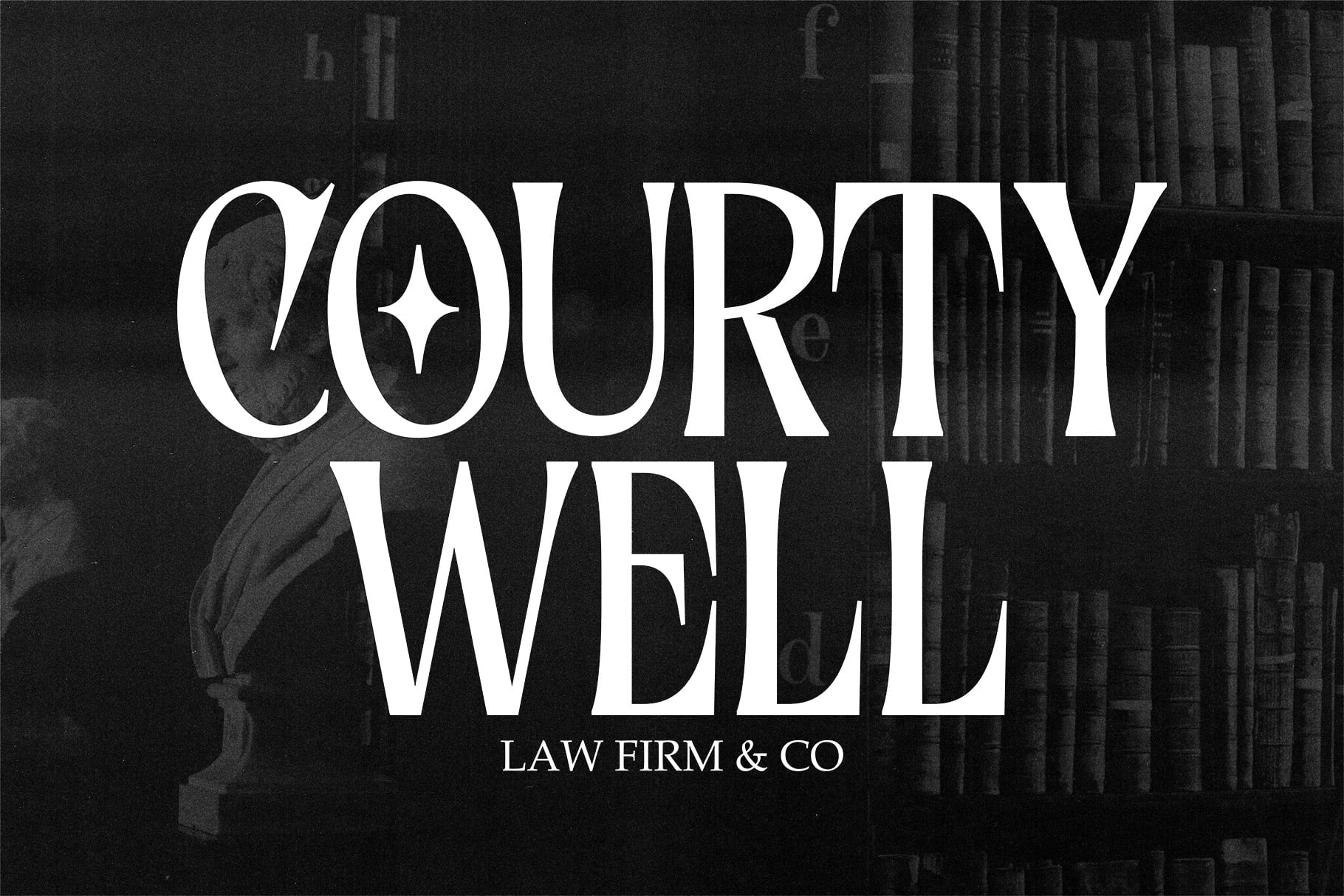 Courtwell Law Firm branding mockup with elegant serif typeface over moody library backdrop